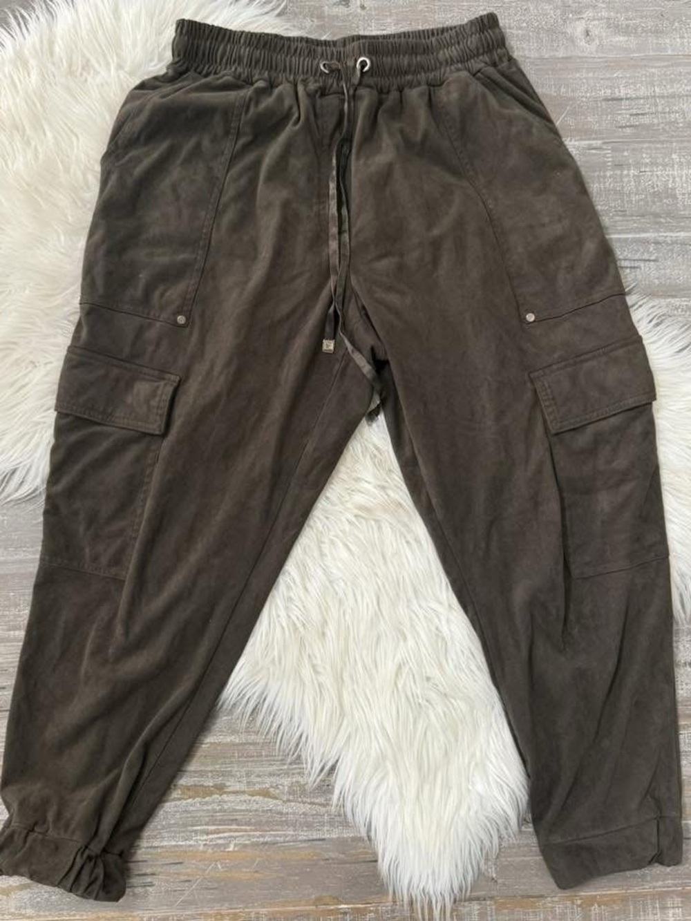 Zara Dark Olive Suede-Like Cargo Joggers Large Utility Pants - Picture 2 of 2